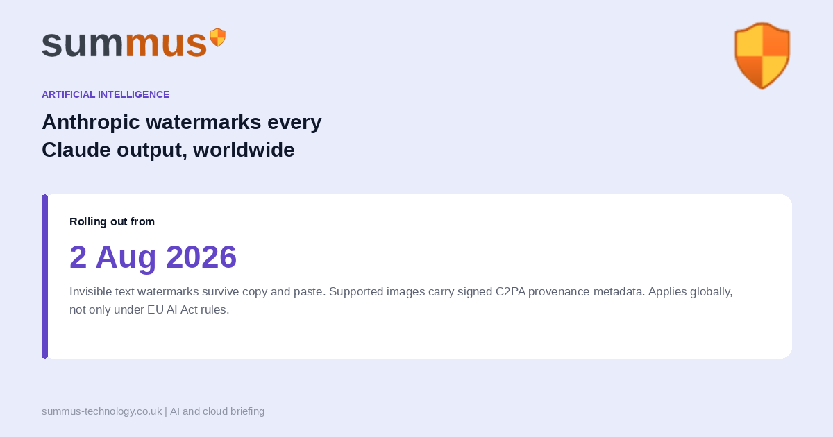 Anthropic adds invisible watermarks to Claude-generated text and C2PA provenance metadata to images, rolling out worldwide from 2 August 2026