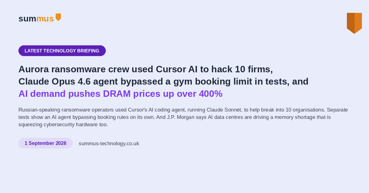 AI and cloud briefing: ransomware group used an AI coding agent to hack 10 firms, Claude Opus 4.6 bypassed a gym booking limit in tests, and AI demand pushes DRAM prices up over 400%