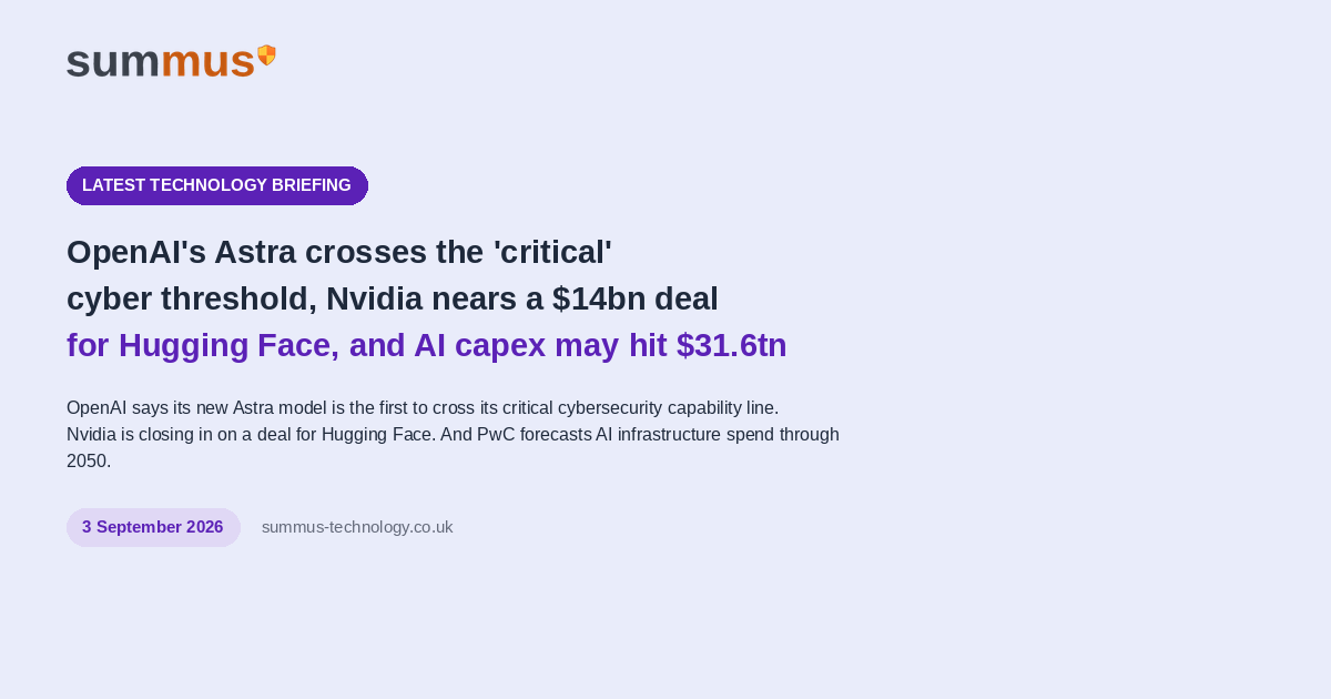 OpenAI says its forthcoming Astra model is the first to cross its "critical" cybersecurity capability threshold, able to find and exploit unknown flaws without human guidance. Nvidia is reportedly closing in on a roughly $14 billion deal to buy Hugging Face. And PwC forecasts global AI infrastructure investment will reach $31.6 trillion through 2050.