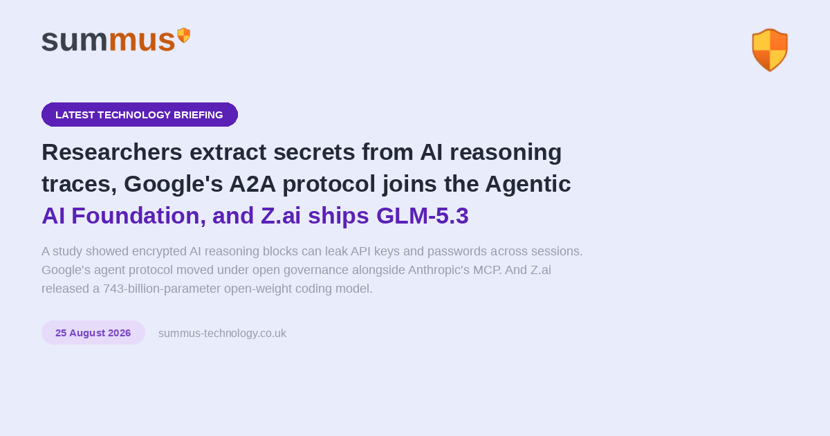 AI and cloud briefing: hidden AI reasoning can leak passwords, Google hands its A2A protocol to open governance, and Z.ai ships a 743-billion-parameter open model