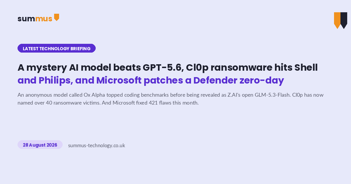 AI and cloud briefing: a mystery AI model that beat GPT-5.6 turns out to be Chinese, Cl0p ransomware hits Shell and Philips, and Microsoft patches a Defender zero-day