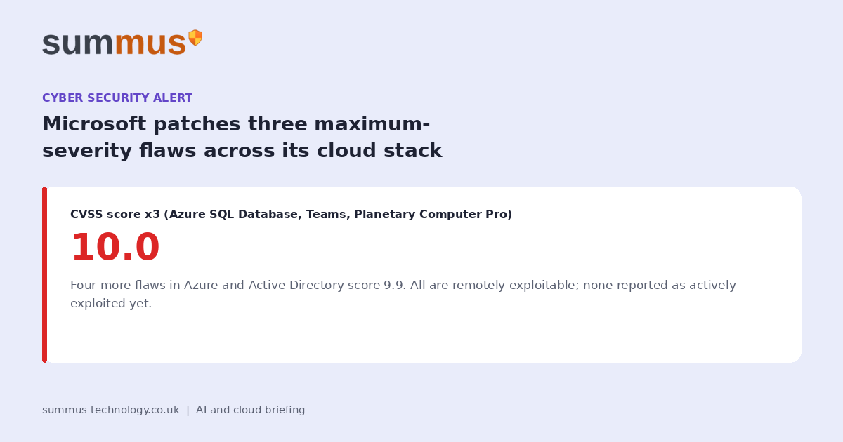 Microsoft patches three maximum-severity flaws in Azure SQL Database, Teams and Planetary Computer Pro, plus four more scoring 9.9