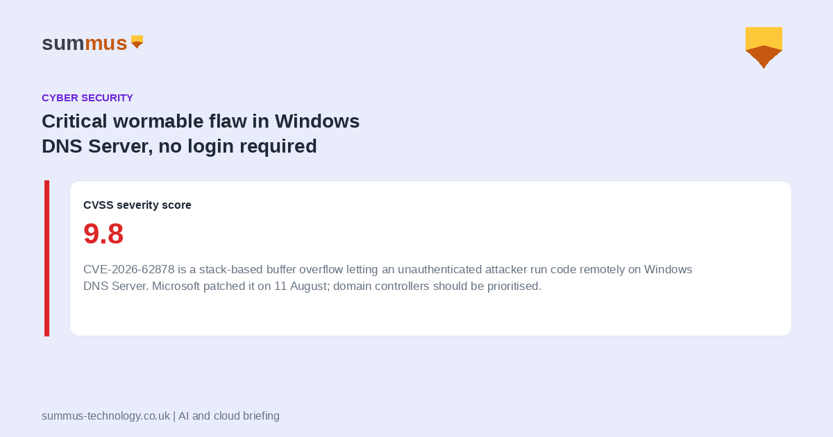 CVE-2026-62878 is a critical, wormable Windows DNS Server remote code execution flaw patched in August 2026's Patch Tuesday